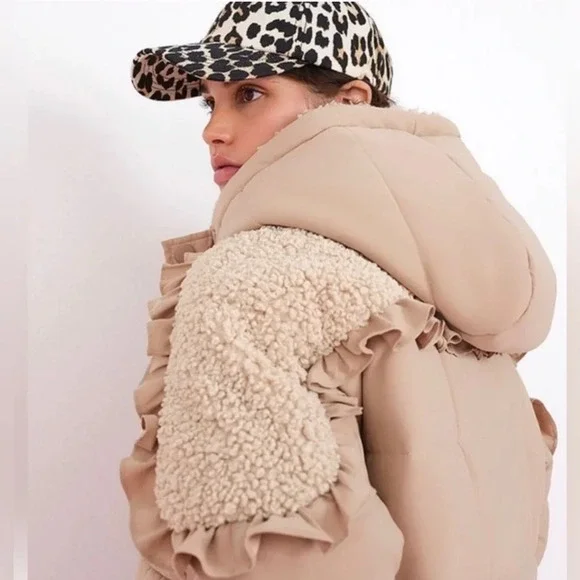 For Love & Lemons Hooded Ruffles Faux Sherpa Puffer Coat